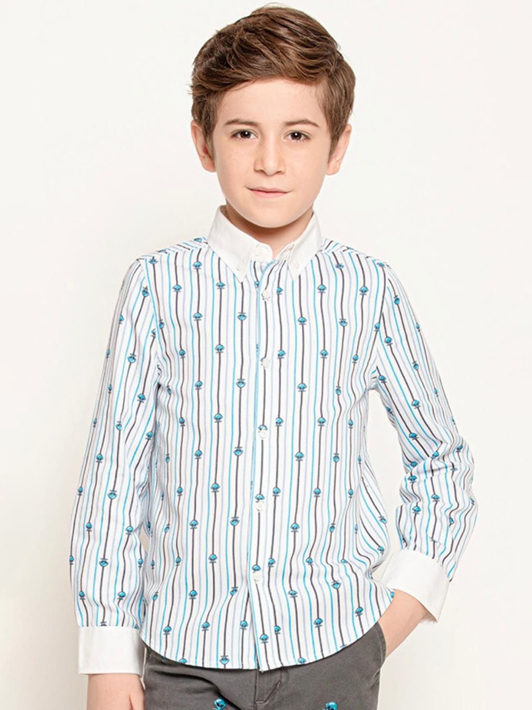 

One Friday Boys Comfort Striped Button-Down Collar Cotton Casual Shirt, White