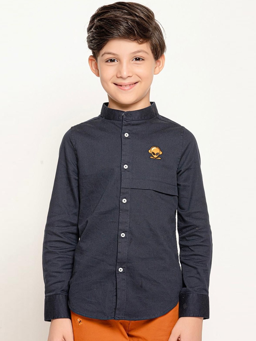 

One Friday Boys Comfort Solid Band Collar Cotton Casual Shirt, Navy blue
