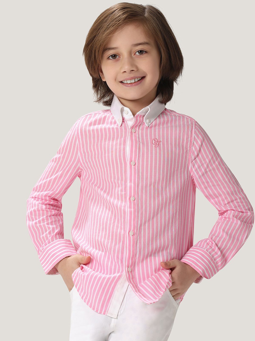 

One Friday Boys Comfort Vertical Striped Cotton Casual Shirt, Pink