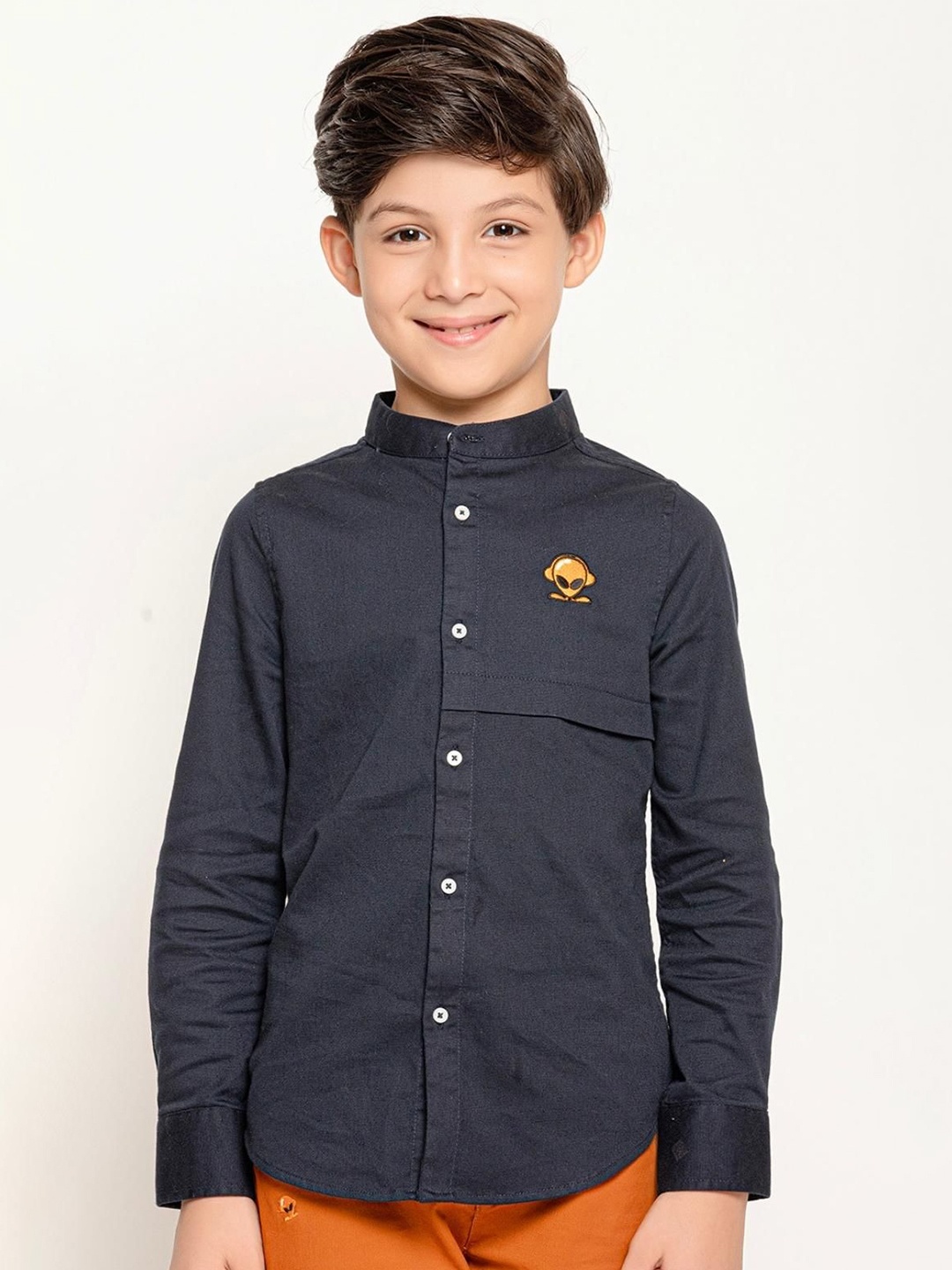 

One Friday Boys Comfort Band Collar Solid Cotton Casual Shirt, Navy blue