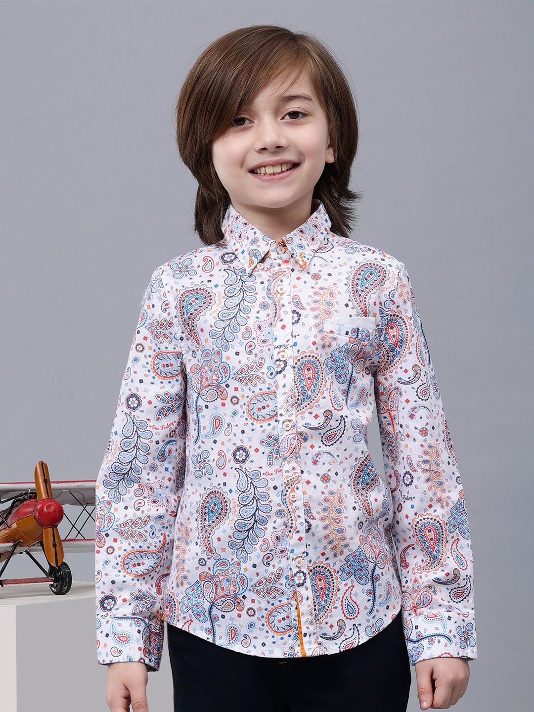 

One Friday Boys Comfort Ethnic Printed Spread Collar Casual Shirt, White