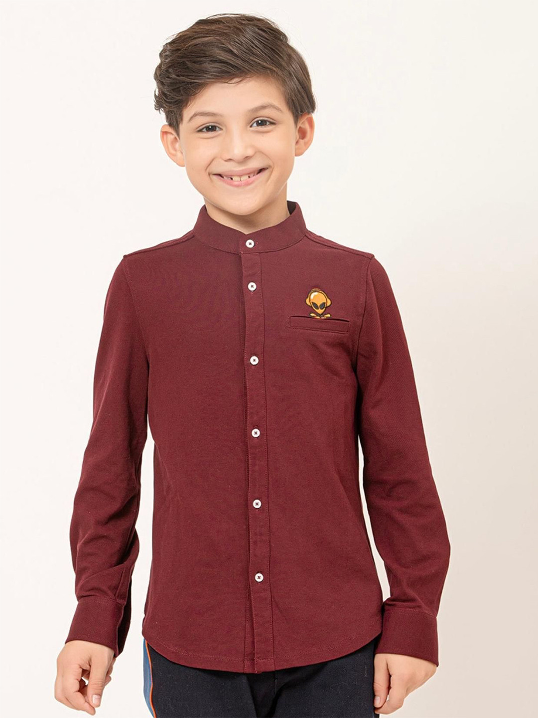 

One Friday Boys Comfort Solid Band Collar Casual Shirt, Coffee brown
