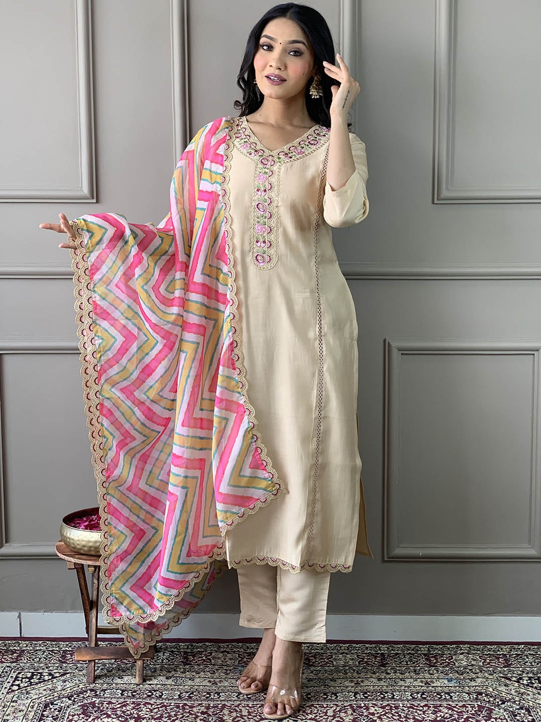 

KALINI Floral Embroidered Kurta with Trousers & Dupatta, Beige