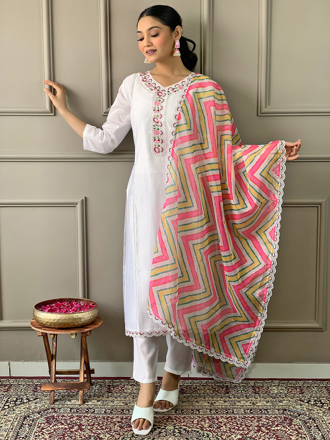 

KALINI Floral Embroidered V-Neck Straight Kurta with Trousers & Dupatta, White