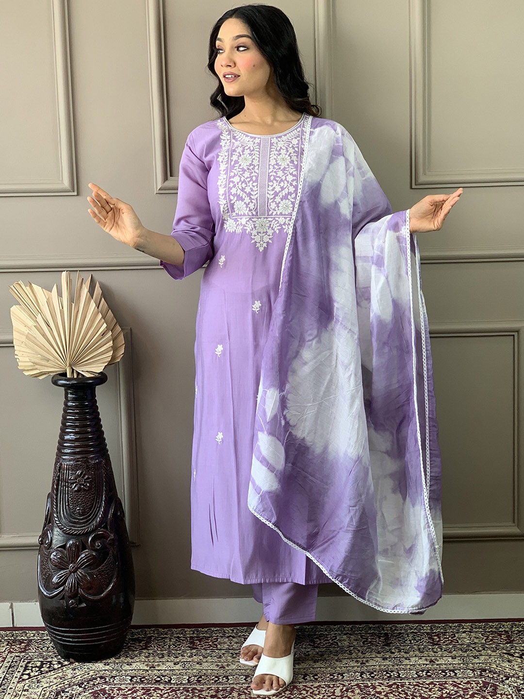 

KALINI Floral Embroidered Chanderi Silk Straight Kurta with Trousers & Dupatta, Lavender