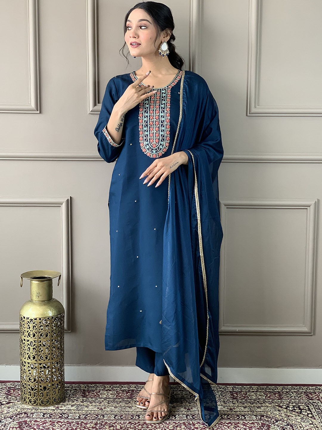 

KALINI Floral Embroidered Thread Work Chanderi Silk Kurta With Trousers & Dupatta, Turquoise blue