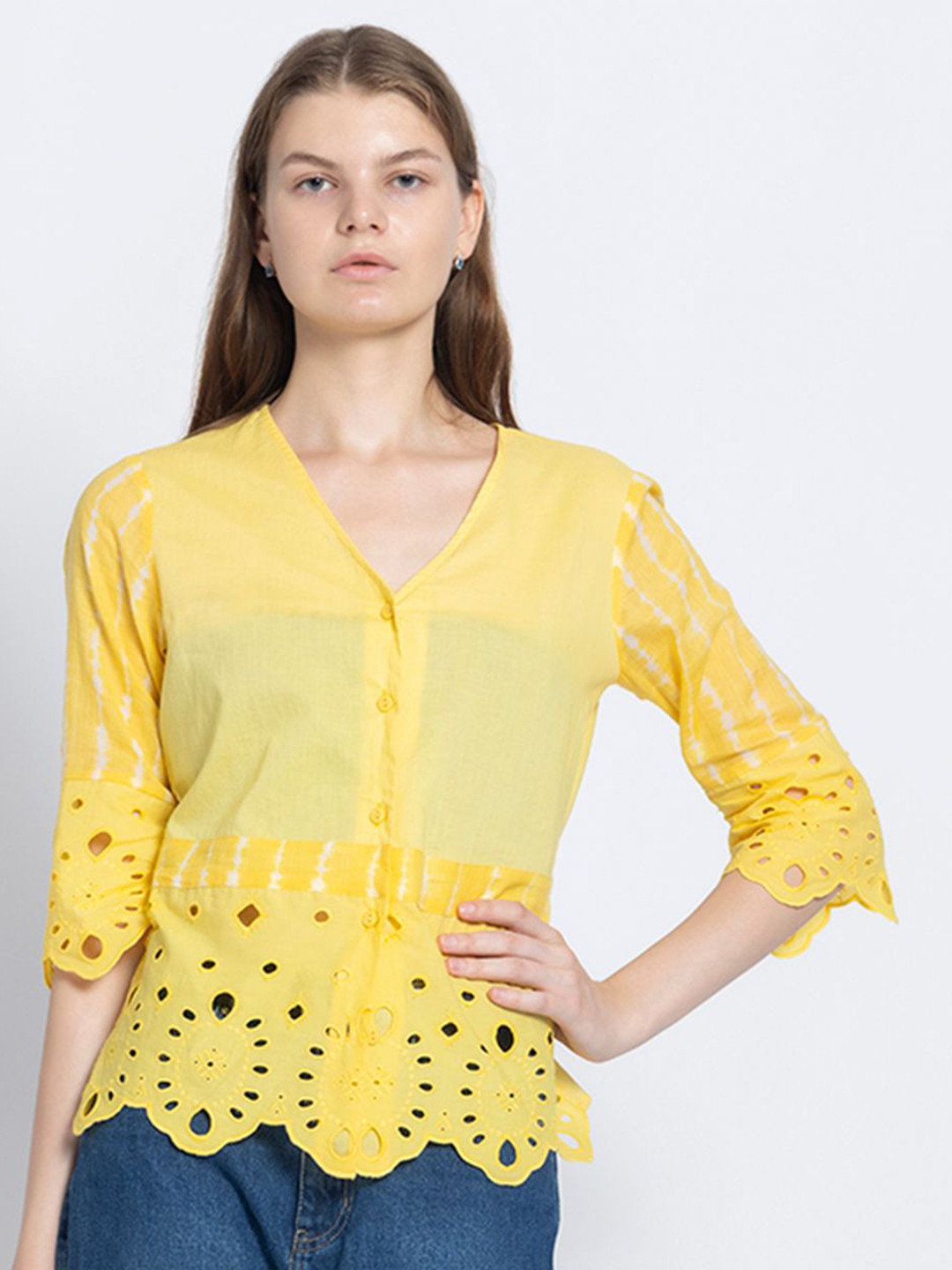 

SHAYE Women Pure Cotton Schiffli V-Neck Top, Yellow