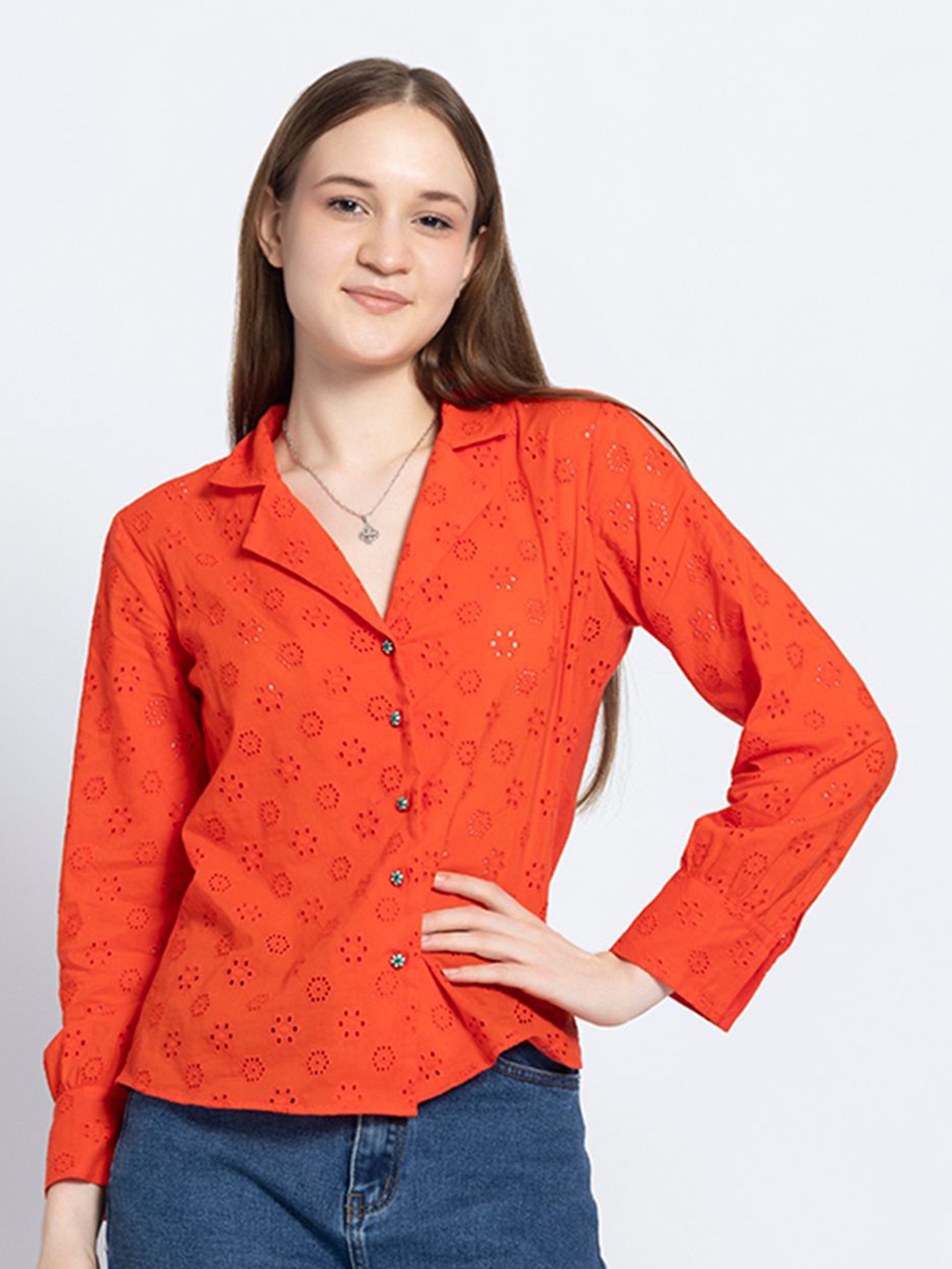 

SHAYE Women Relaxed Schiffli Cuban Collar Cotton Casual Shirt, Orange