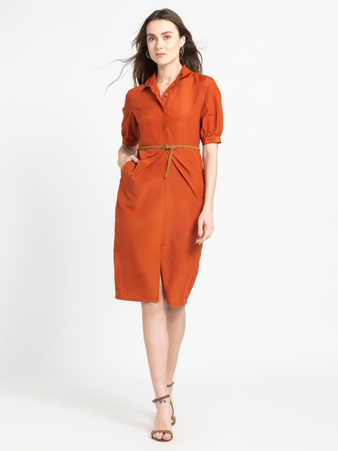 

SHAYE Women Shirt collar Puff Sleeves Sheath Dress, Orange