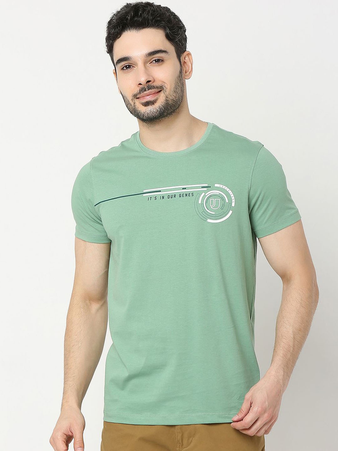 

UnderJeans by Spykar Men Printed Cotton T-shirt, Green