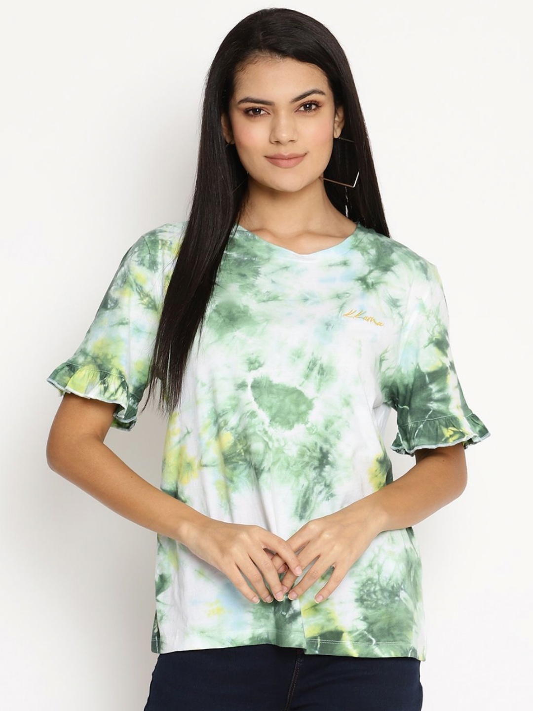 

HOUSE OF KKARMA Women Floral Dyed Pockets T-shirt, Green
