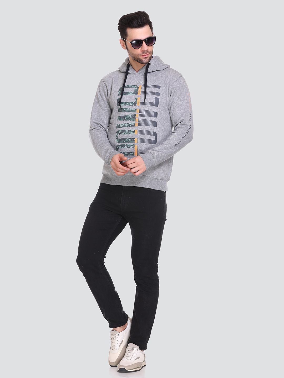 

Tuckinn Men Printed Hooded Sweatshirt, Grey