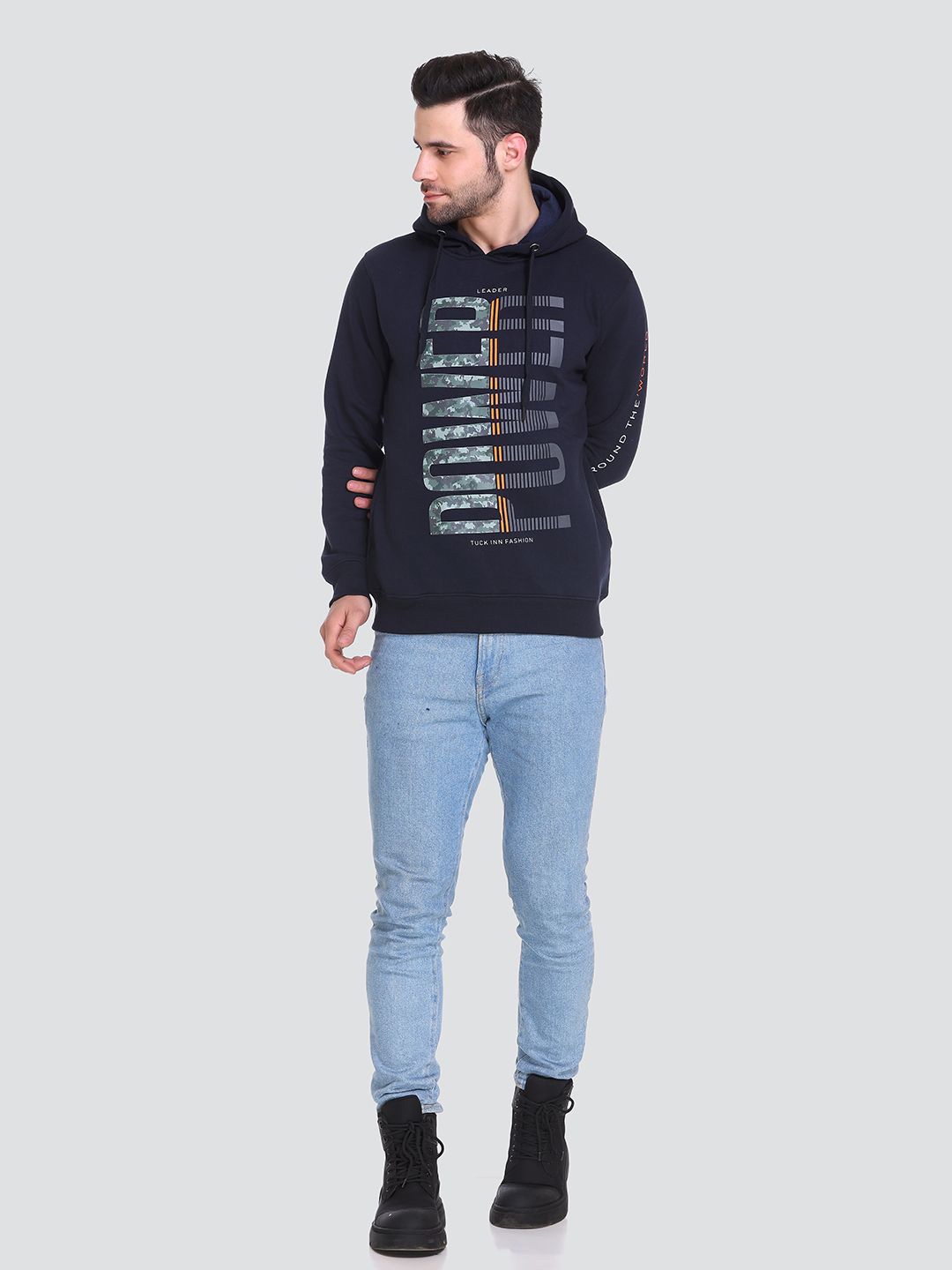 

Tuckinn Men Typography Printed Hooded Sweatshirt, Navy blue