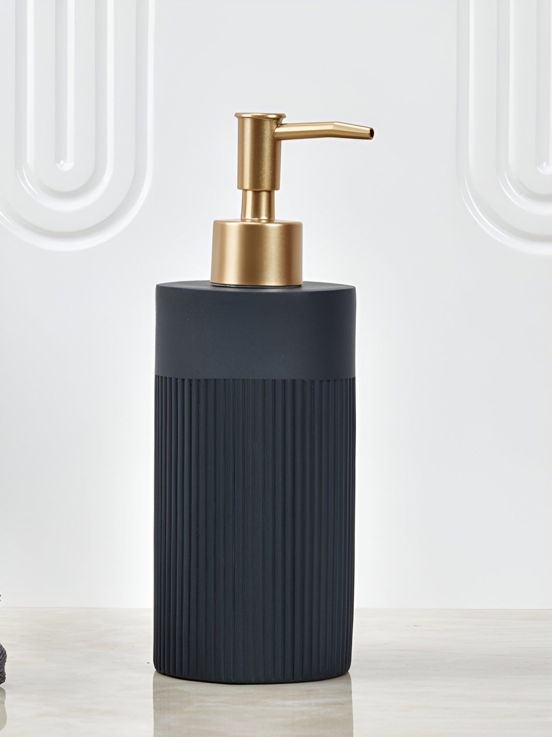 

Athome by Nilkamal Dark Grey & Gold Toned Textured Matte Soap Dispenser 300ml