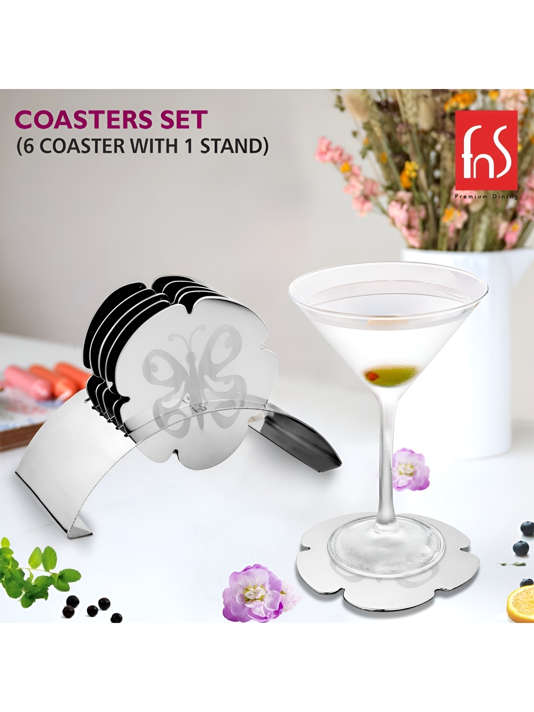 

FNS Anemone Silver & White 7 Pieces Floral Printed Metal Coasters With Stand