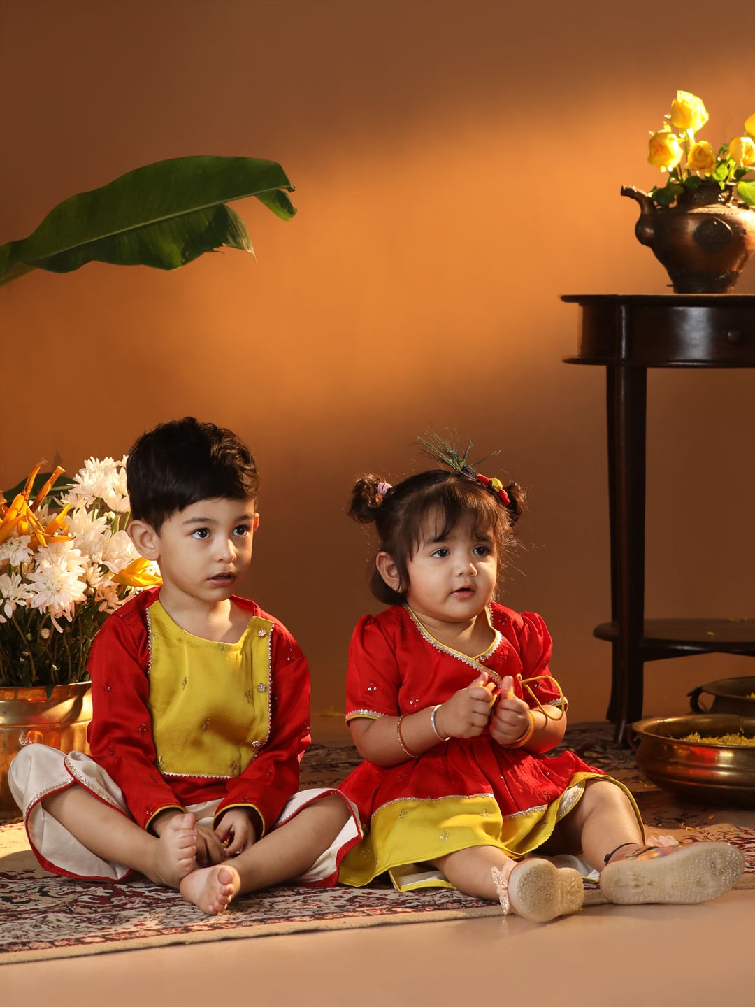 

VASTRAMAY Girls Floral Embroidered Angrakha Sequinned Anrakali Kurta With Dhoti Pants, Red