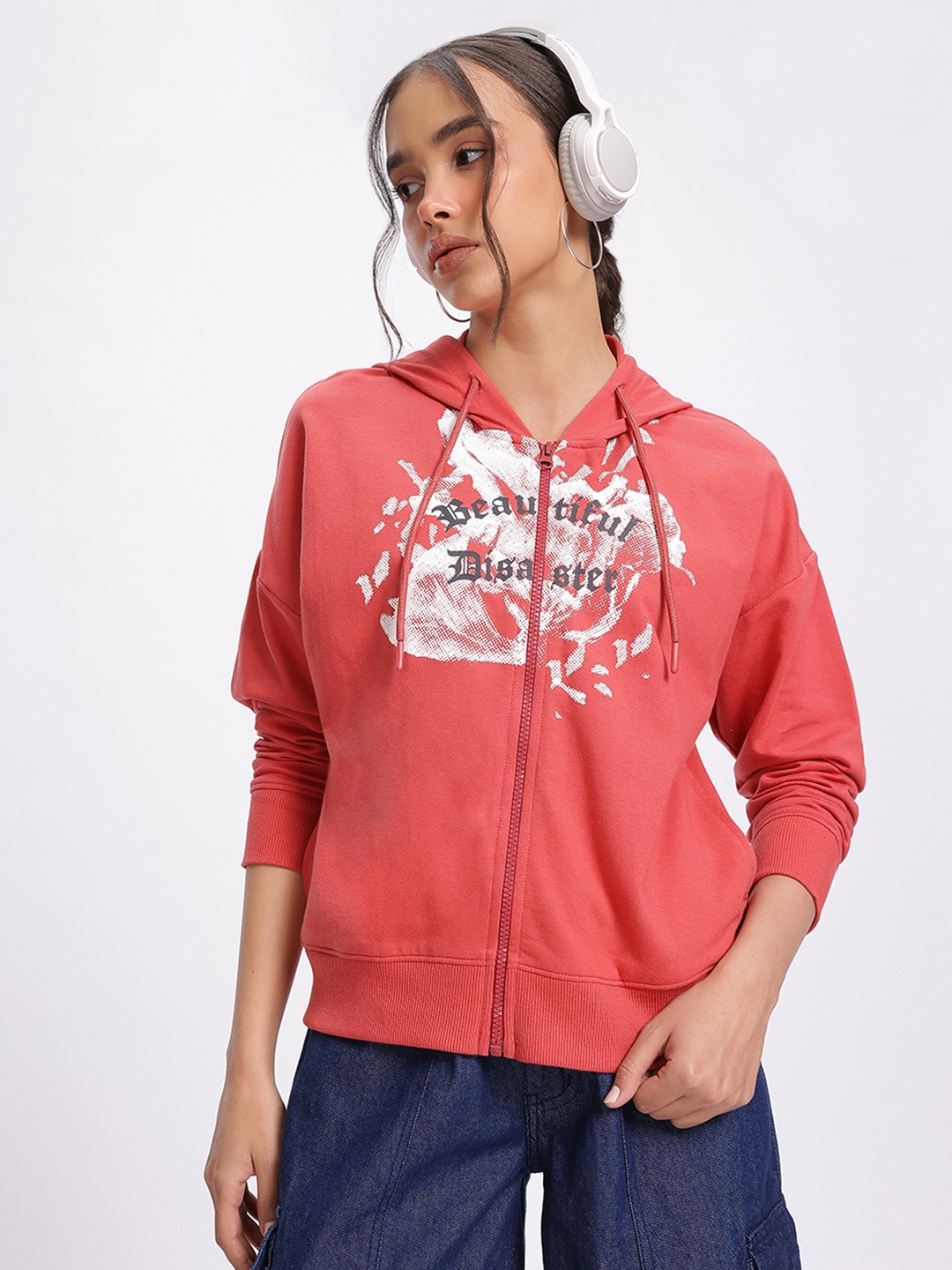 

DressBerry Savage Statements Printed Hooded Sweatshirt, Coral