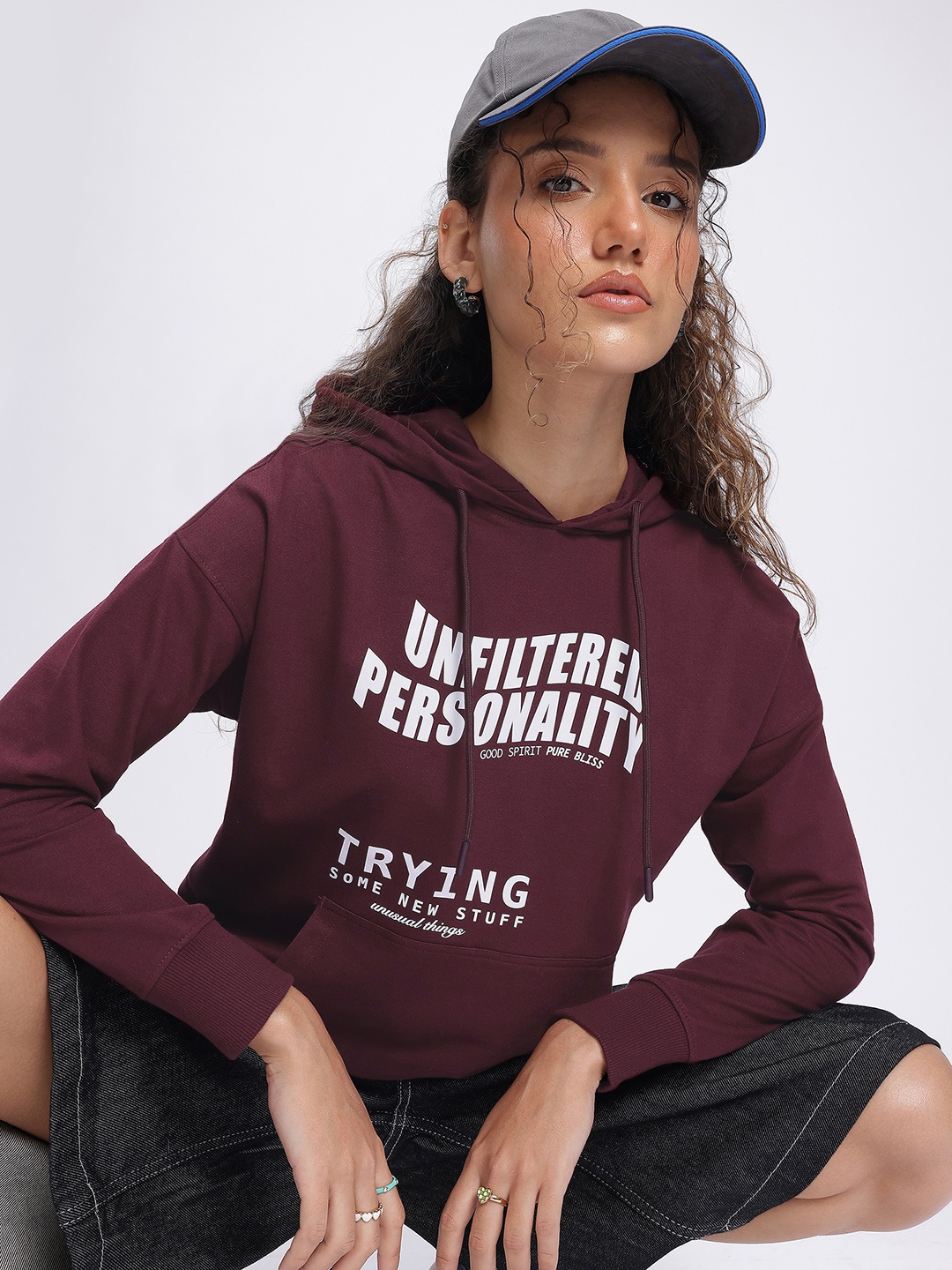 

DressBerry Typo Trend Hooded Drop-Shoulder Sweatshirt, Burgundy