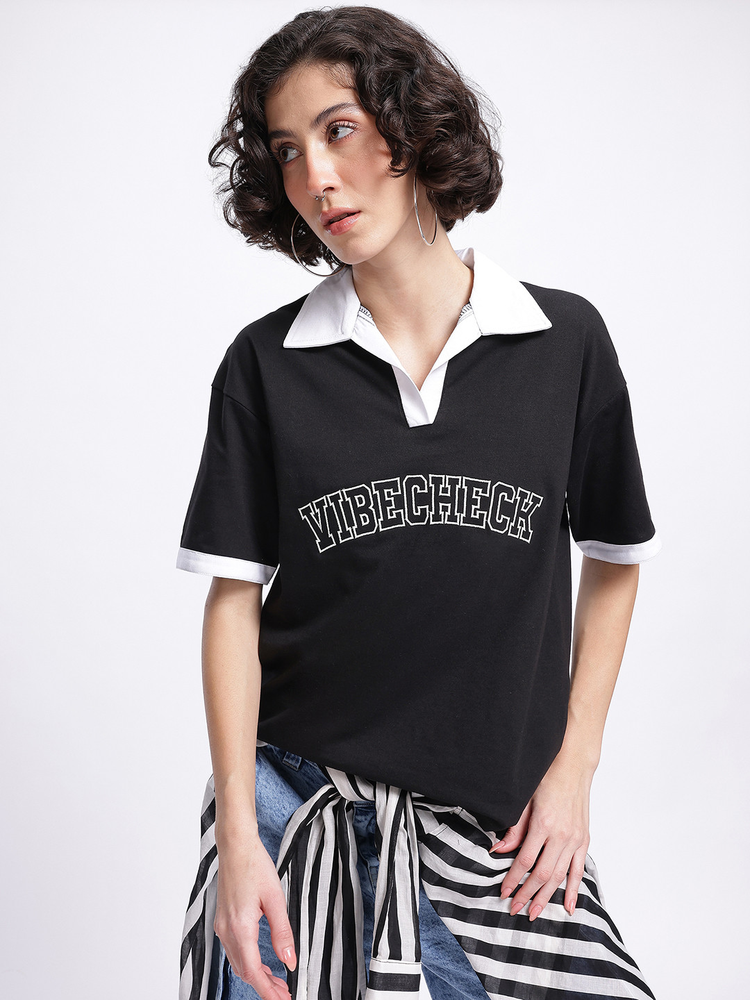 

DressBerry Monochrome Vibe Embroidered Drop-Shoulder Polo T-shirt, Black