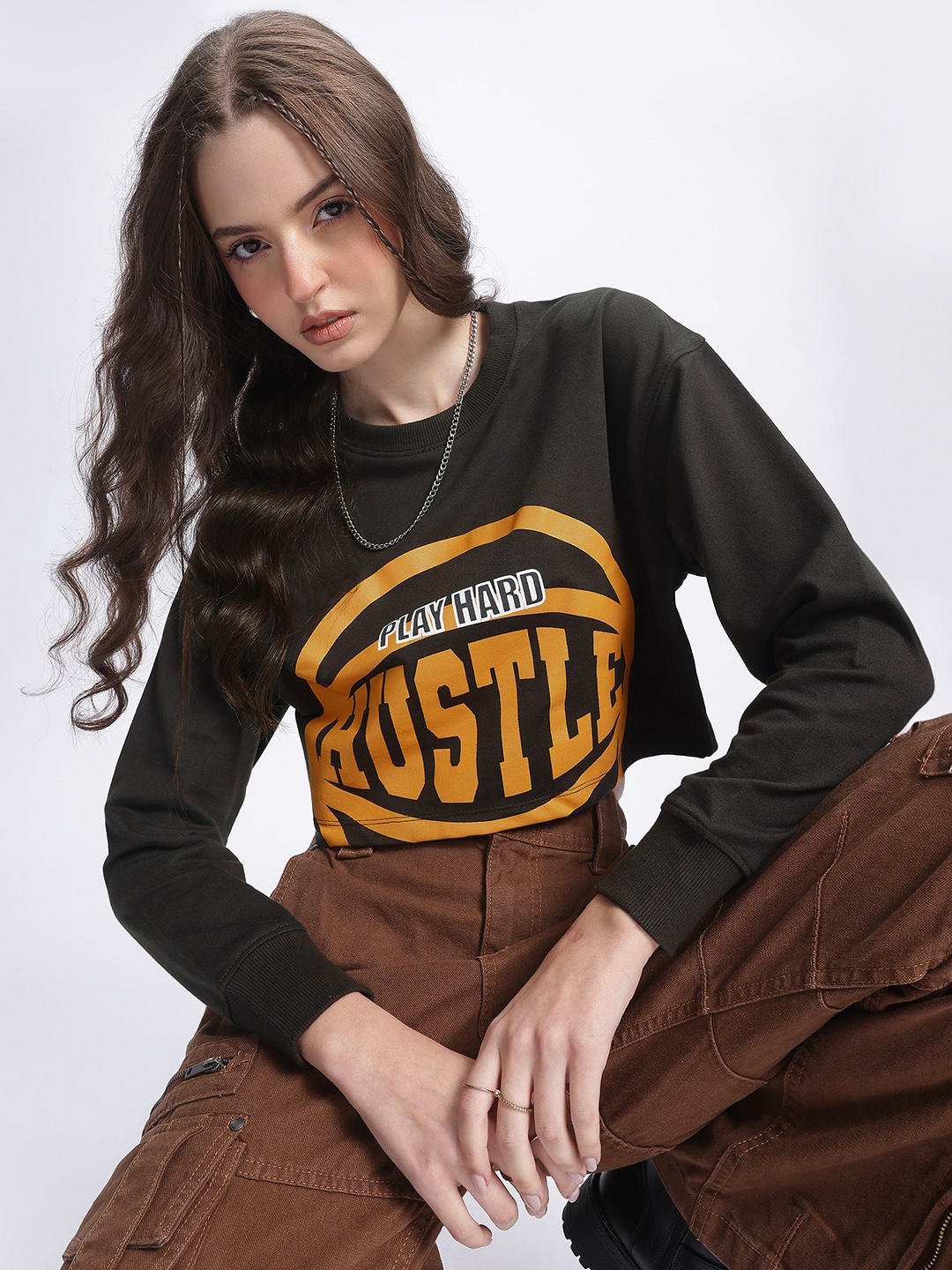 

DressBerry Hustle Hard Printed Crop Sweatshirt, Black