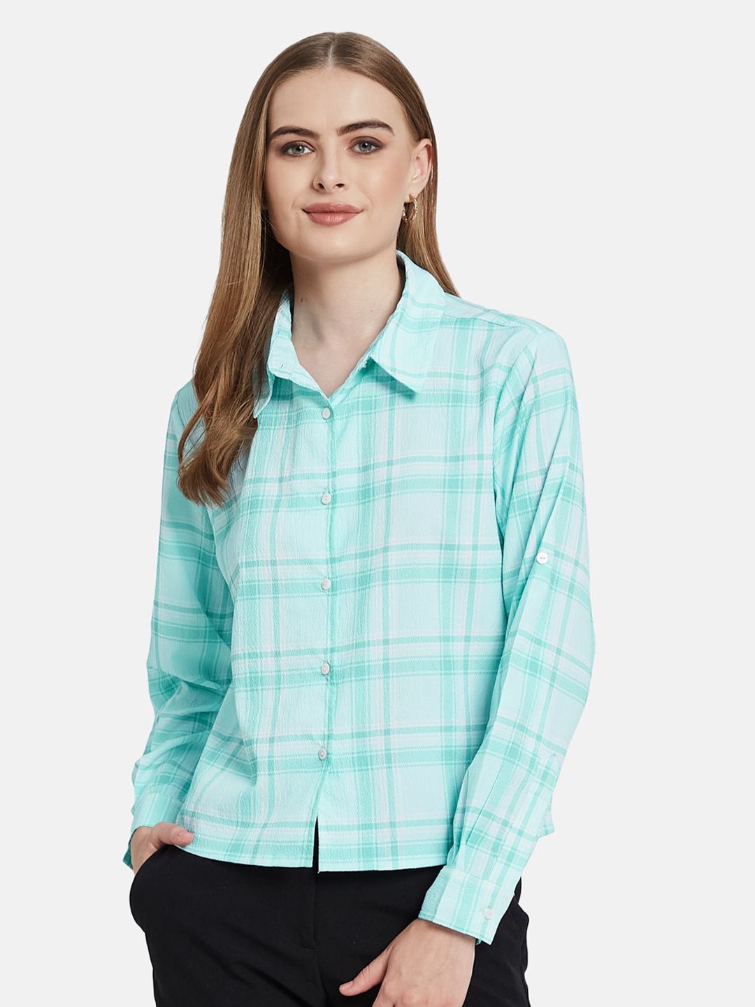 

METTLE Women Tartan Checked Spread Collar Casual Shirt, Sea green