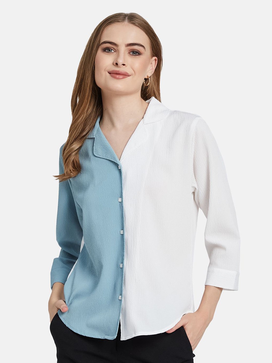 

METTLE Women Cuban Collar Colourblocked Colourblocked Cotton Casual Shirt, White