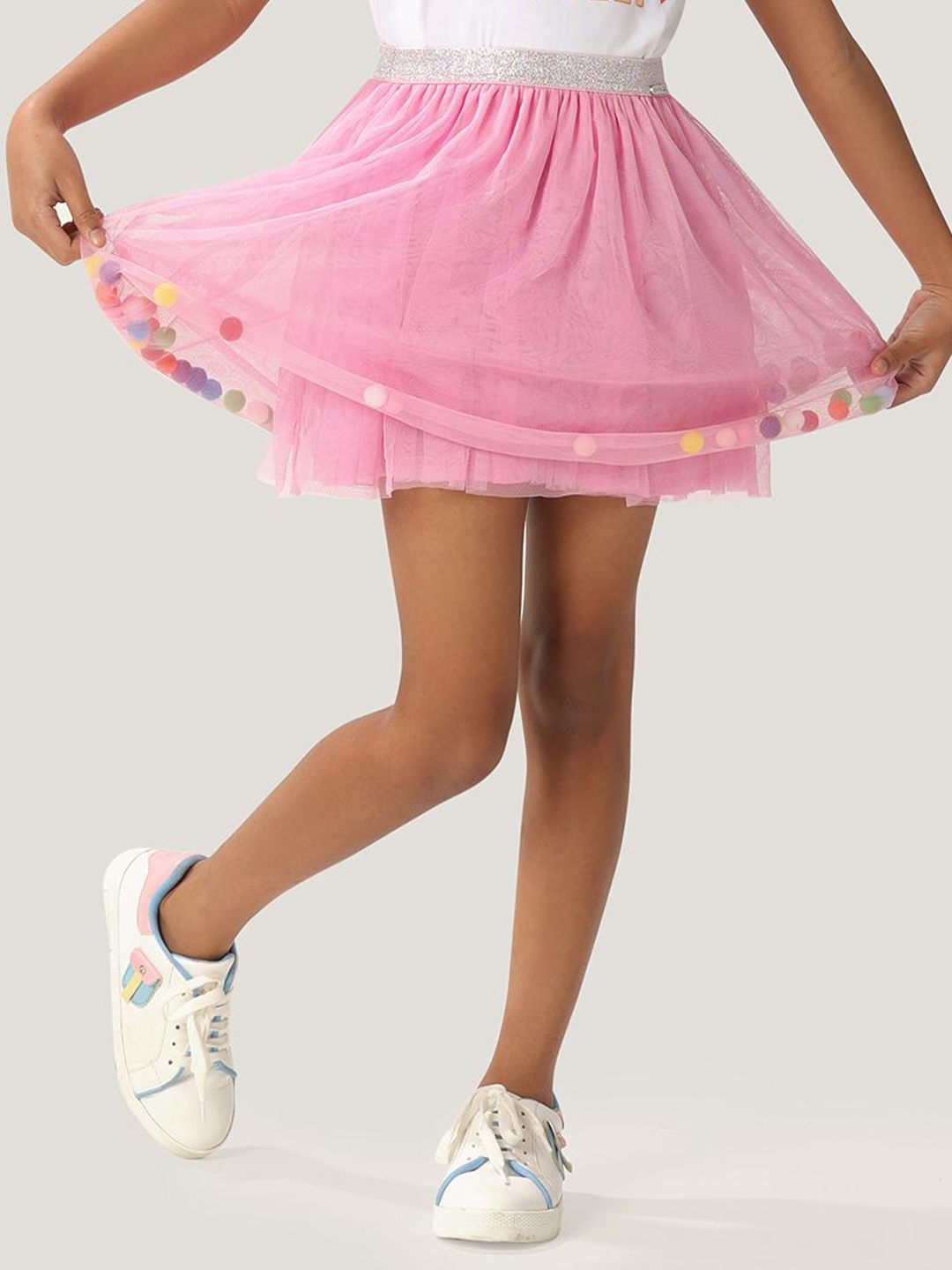

One Friday Girls Solid Mid-Rise Flared Mini A-Line Skirt, Pink