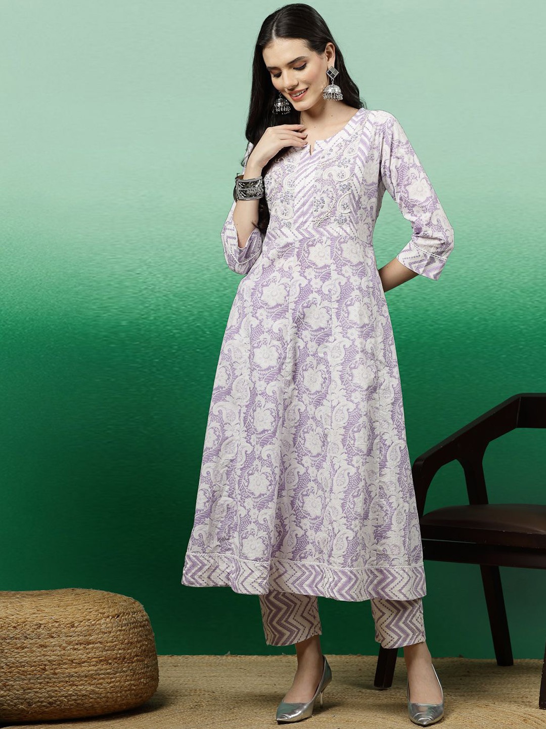 

Sangria Lavender-Coloured Floral Printed Beads & Stones A-Line Kurta Set