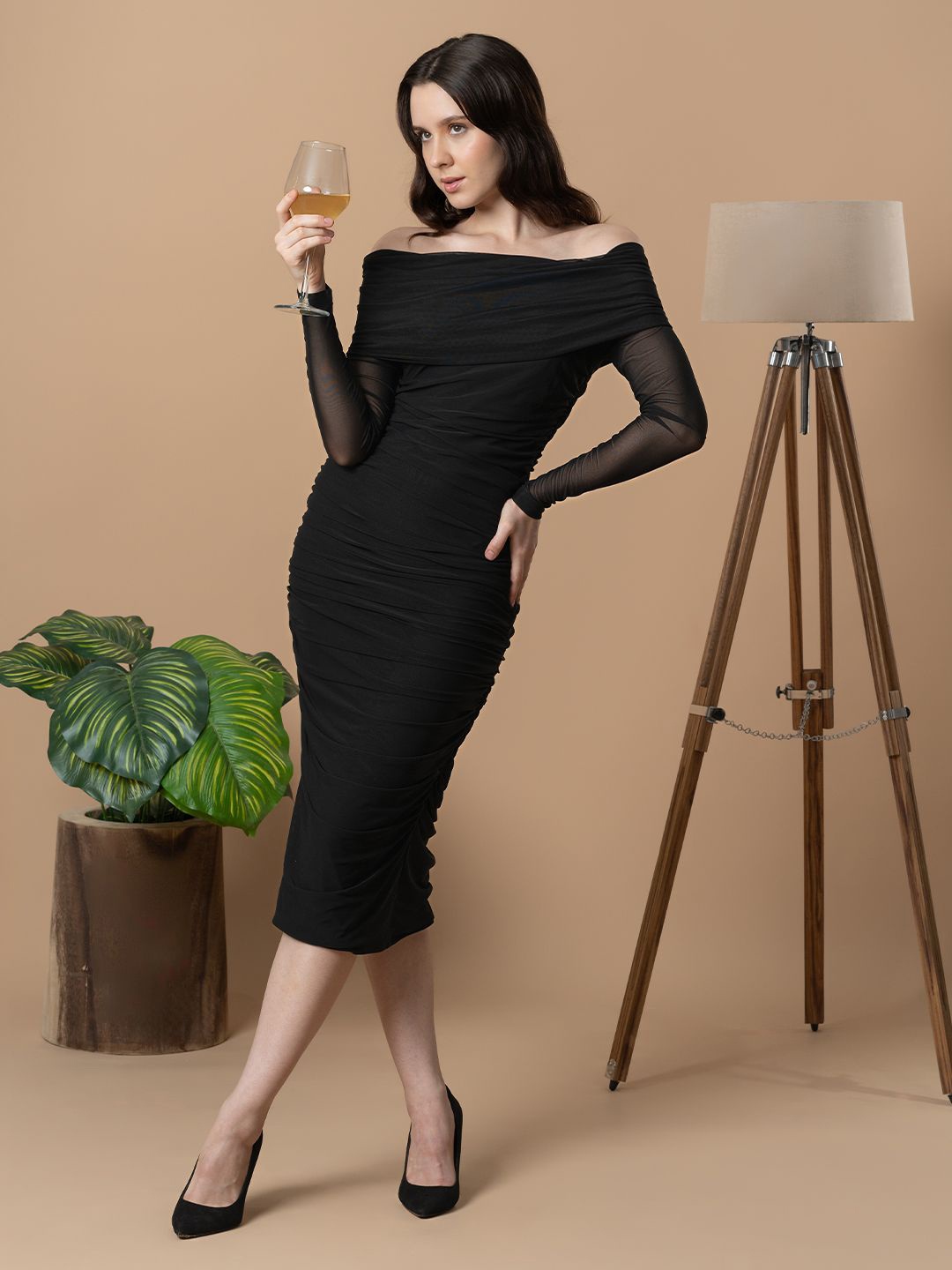 

BLANC9 Women Solid Off-Shoulder Bodycon Midi Dress, Black