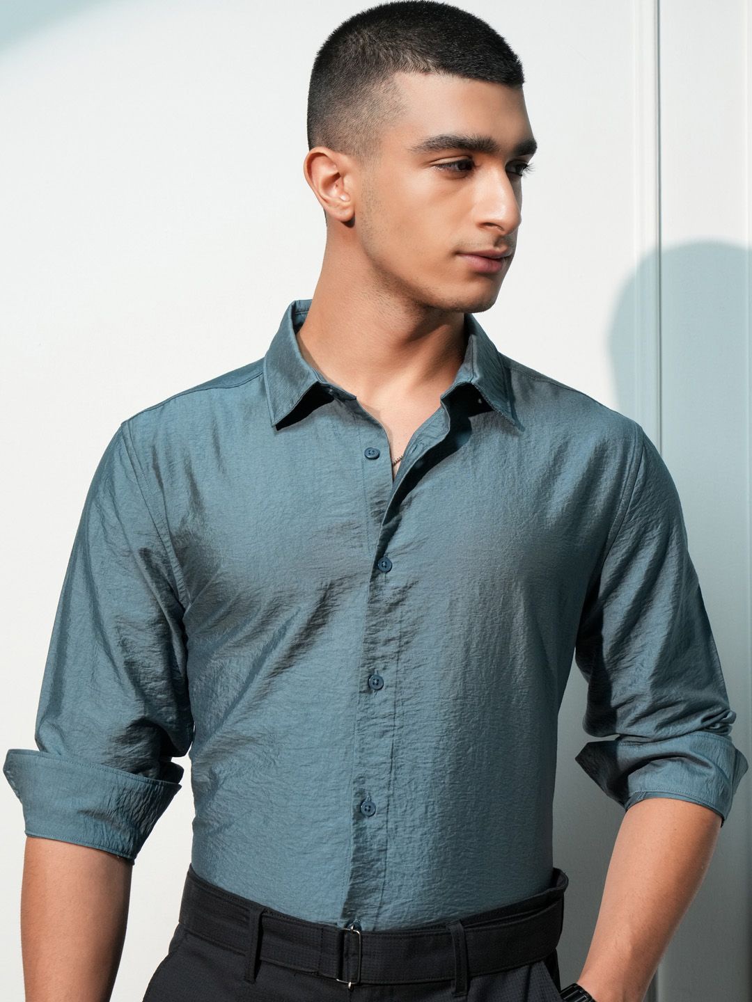 

HIGHLANDER Men Spread Collar Solid Viscose Rayon Slim Fit Casual Shirt, Teal