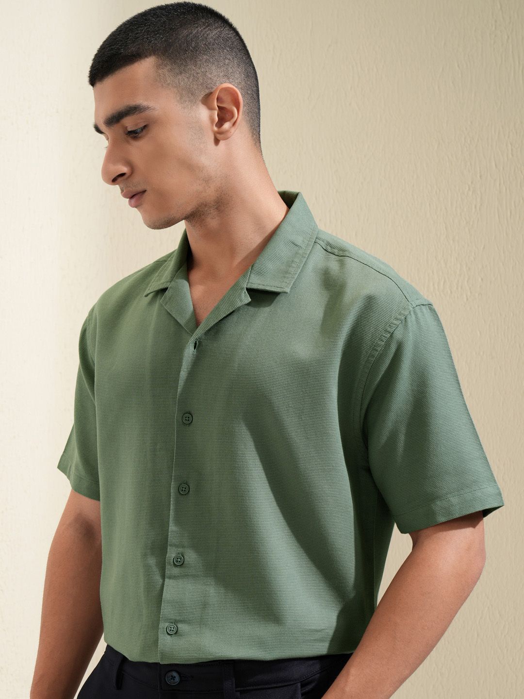 

HIGHLANDER Men Dobby Textured Solid Cuban Collar Relaxed Fit Shirt, Olive