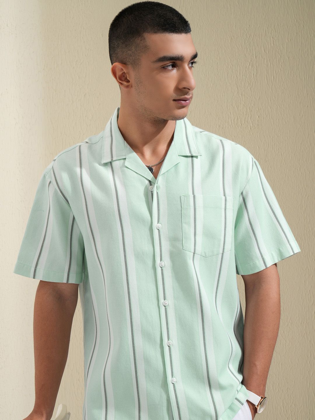 

HIGHLANDER Men Mini Waffle Dobby Textured Striped Cuban Collar Relaxed Fit Shirt, Green