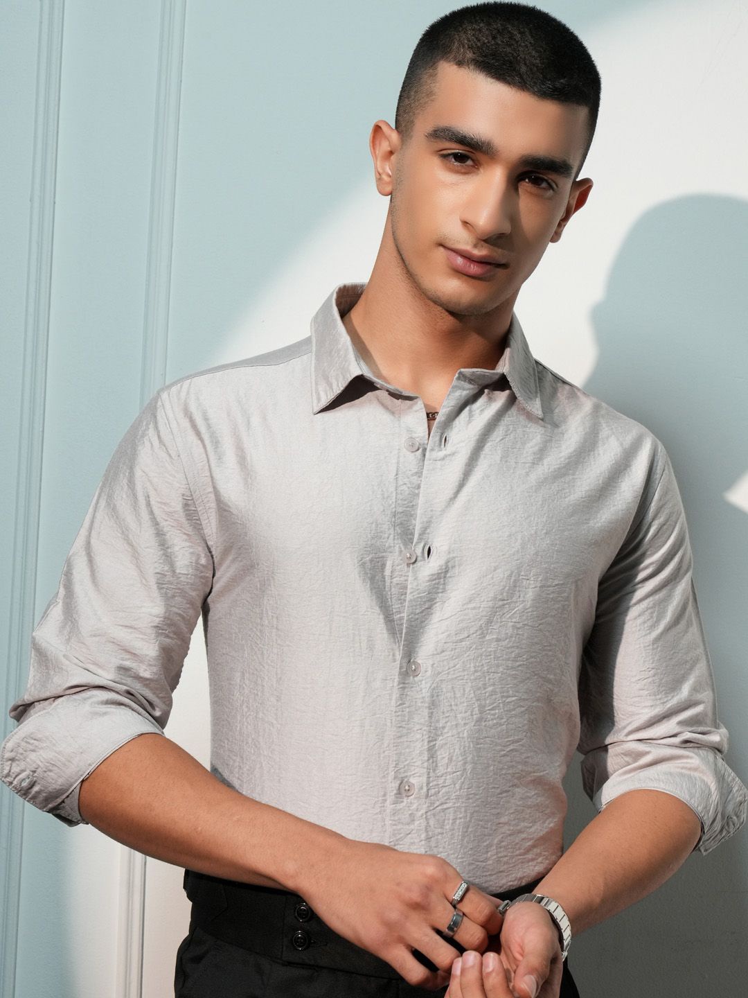 

HIGHLANDER Men Crushed Textured Solid Casual Shirt, Grey