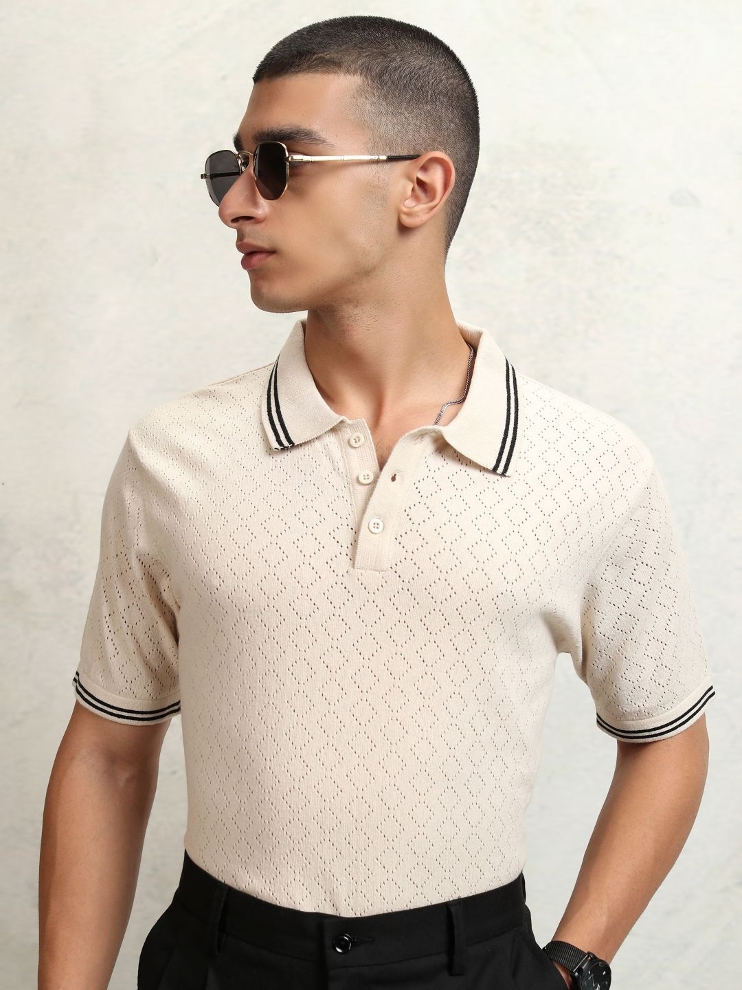 

HIGHLANDER Men Relaxed Fit Textured Knitted Polo Collar T-shirt, Off white