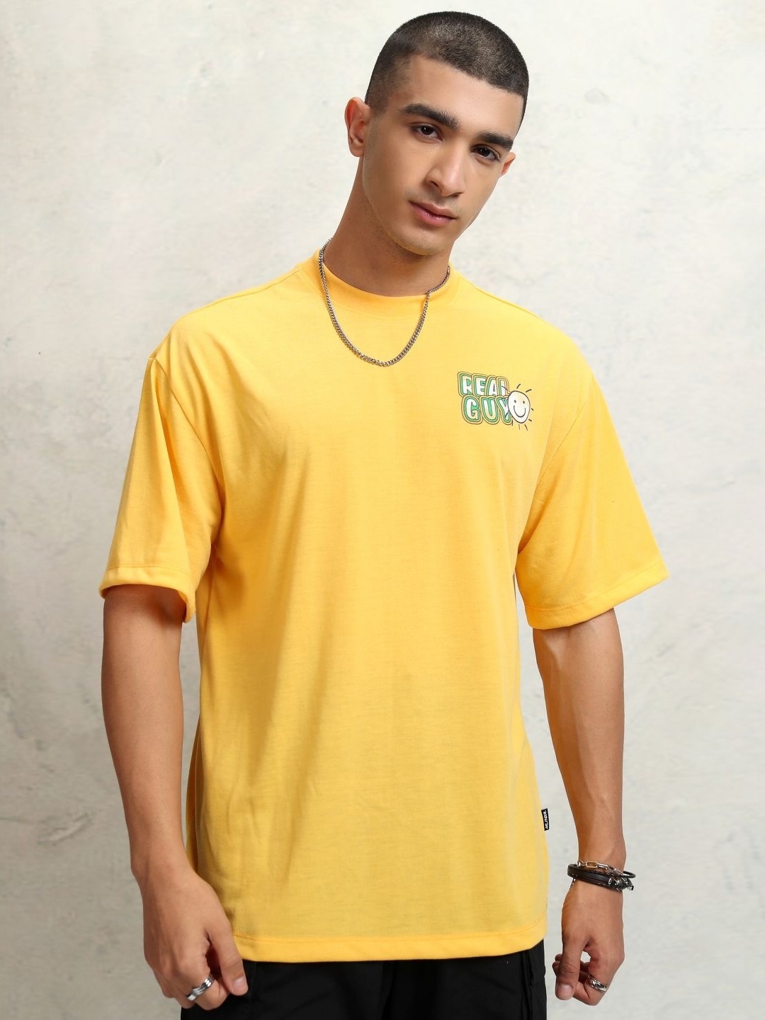 

HIGHLANDER Men Graphic Printed Round Neck Polyester Oversized T-Shirt, Yellow