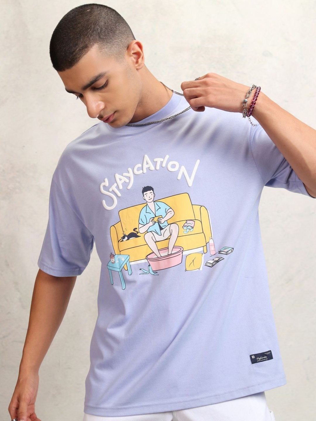 

HIGHLANDER Men Graphic Printed Graphic Print Others Round Neck Cotton Oversized T-Shirt, Lavender