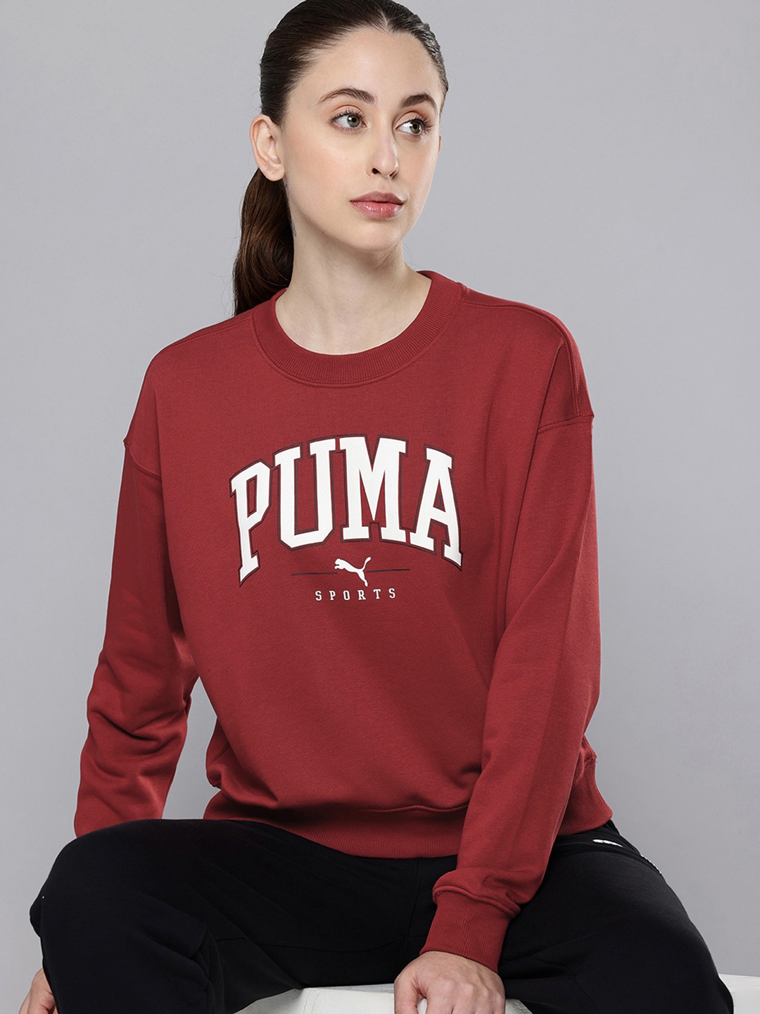 

Puma SQUAD Brand Logo Printed Relaxed Fit Sweatshirt, Maroon