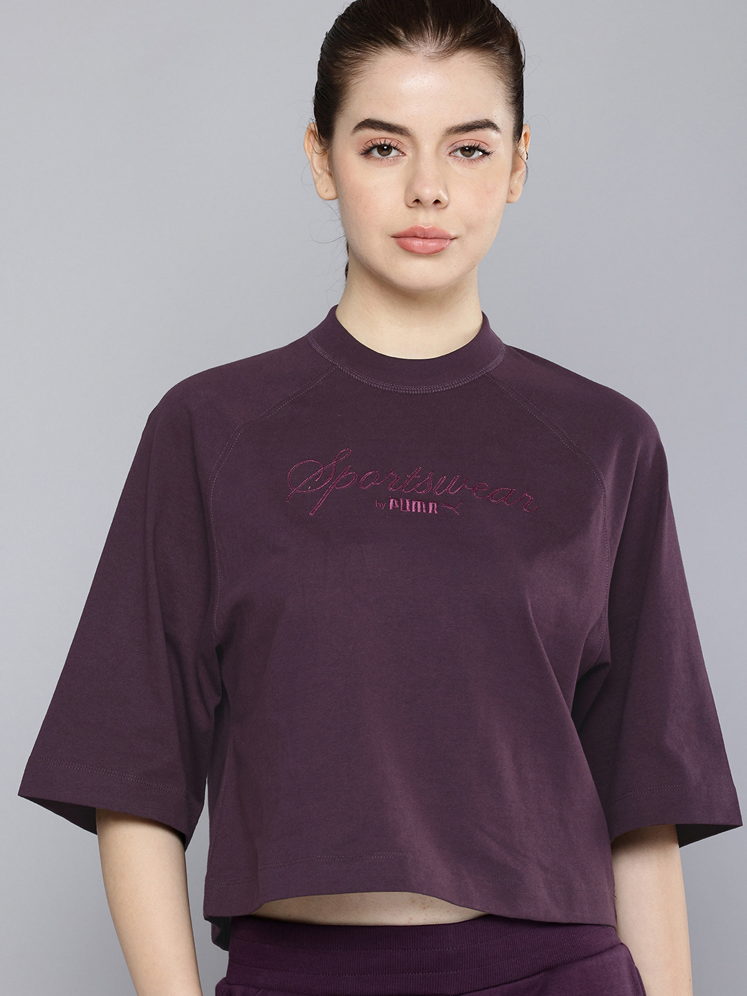 

Puma Classics Brand Logo Embroidered Raglan Sleeves Pure Cotton Oversized T-shirt, Purple