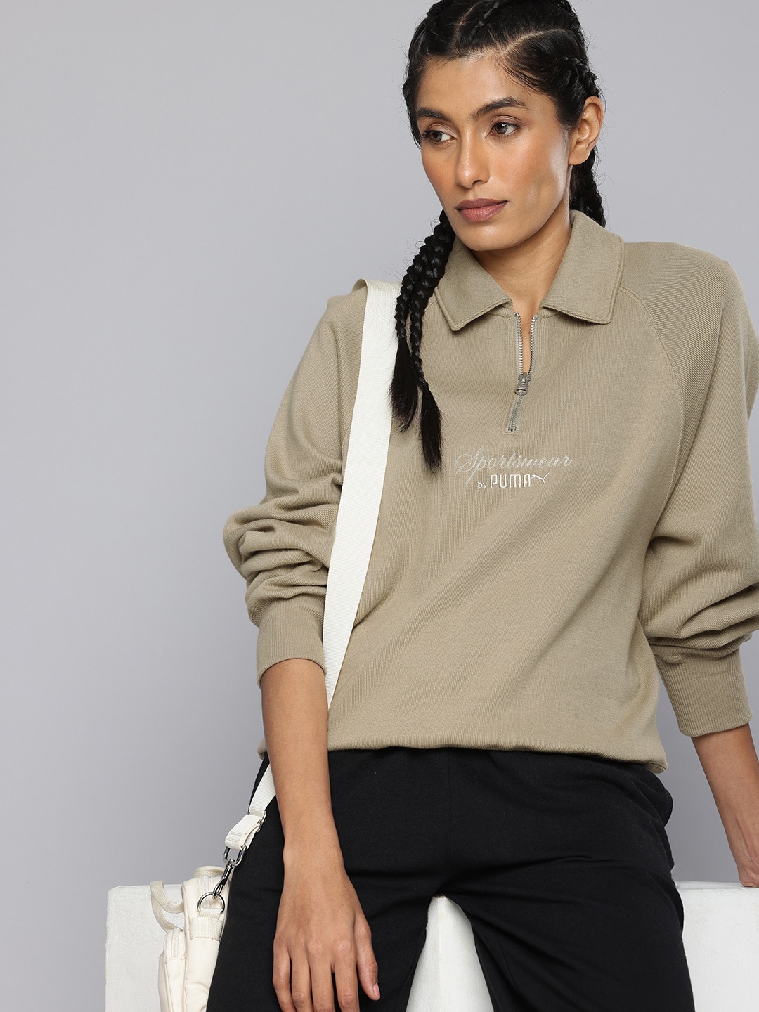 

Puma CLASSICS Brand Logo Embroidered Shirt Collar Relaxed Fit Pure Cotton Pullover, Beige