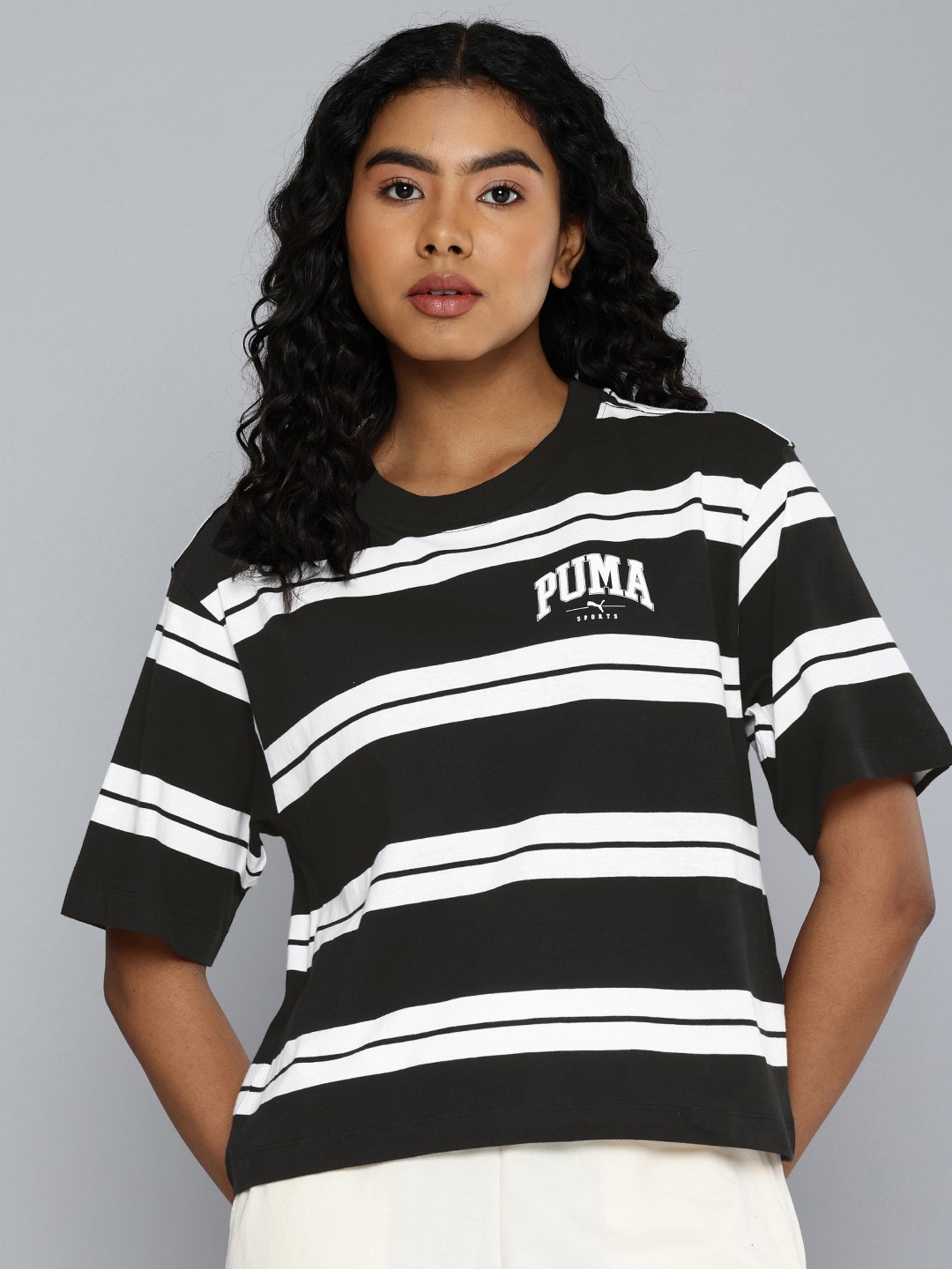 

Puma SQUAD Striped Drop-Shoulder Sleeves Monochrome Pure Cotton Relaxed Fit T-shirt, Black