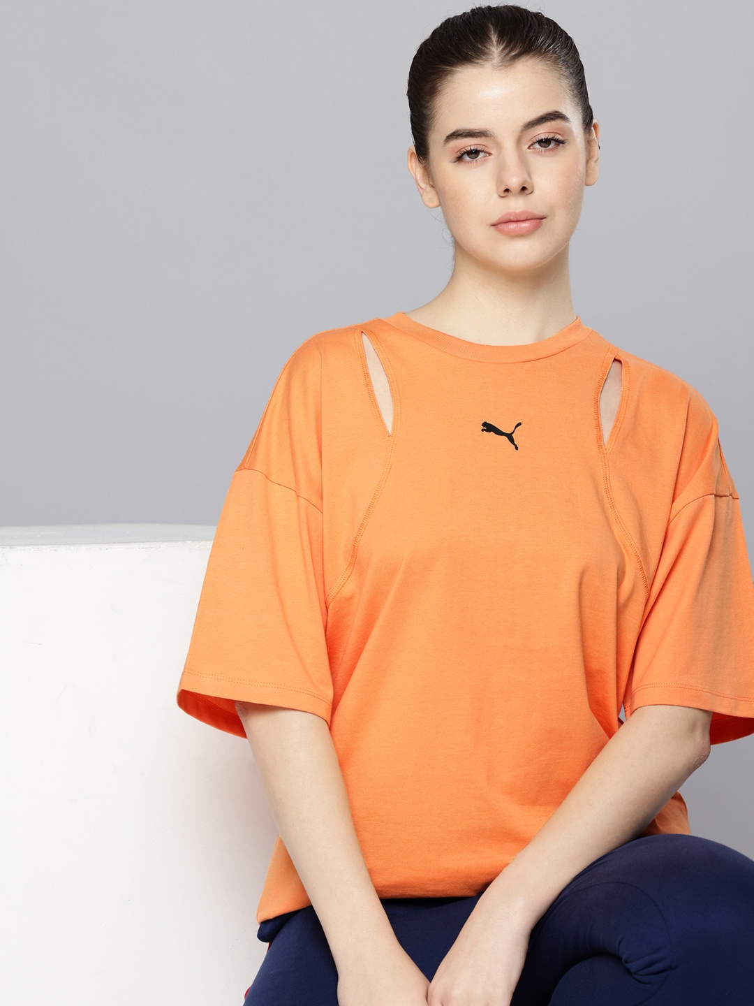 

Puma DARE TO Drop-Shoulder Sleeves Pure Cotton Cut Outs Oversized T-shirt, Orange