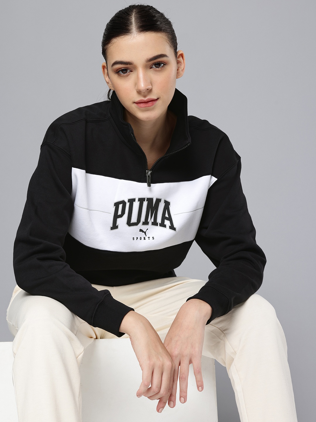 

Puma Squad Brand logo Printed Mock Collar Sweatshirt, Black