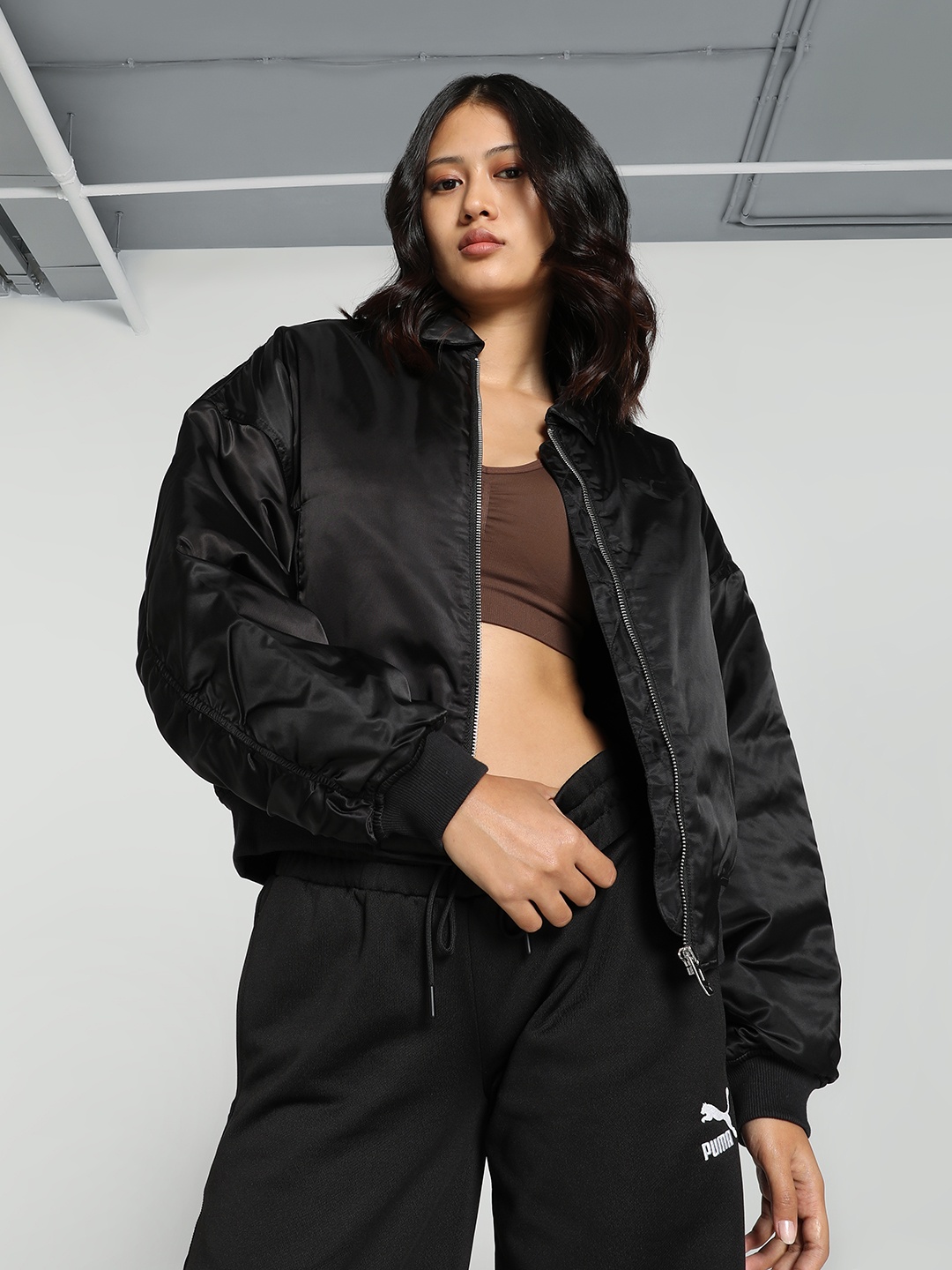 

Puma Outdoor Satin Crop Relaxed Fit Bomber Jacket, Black