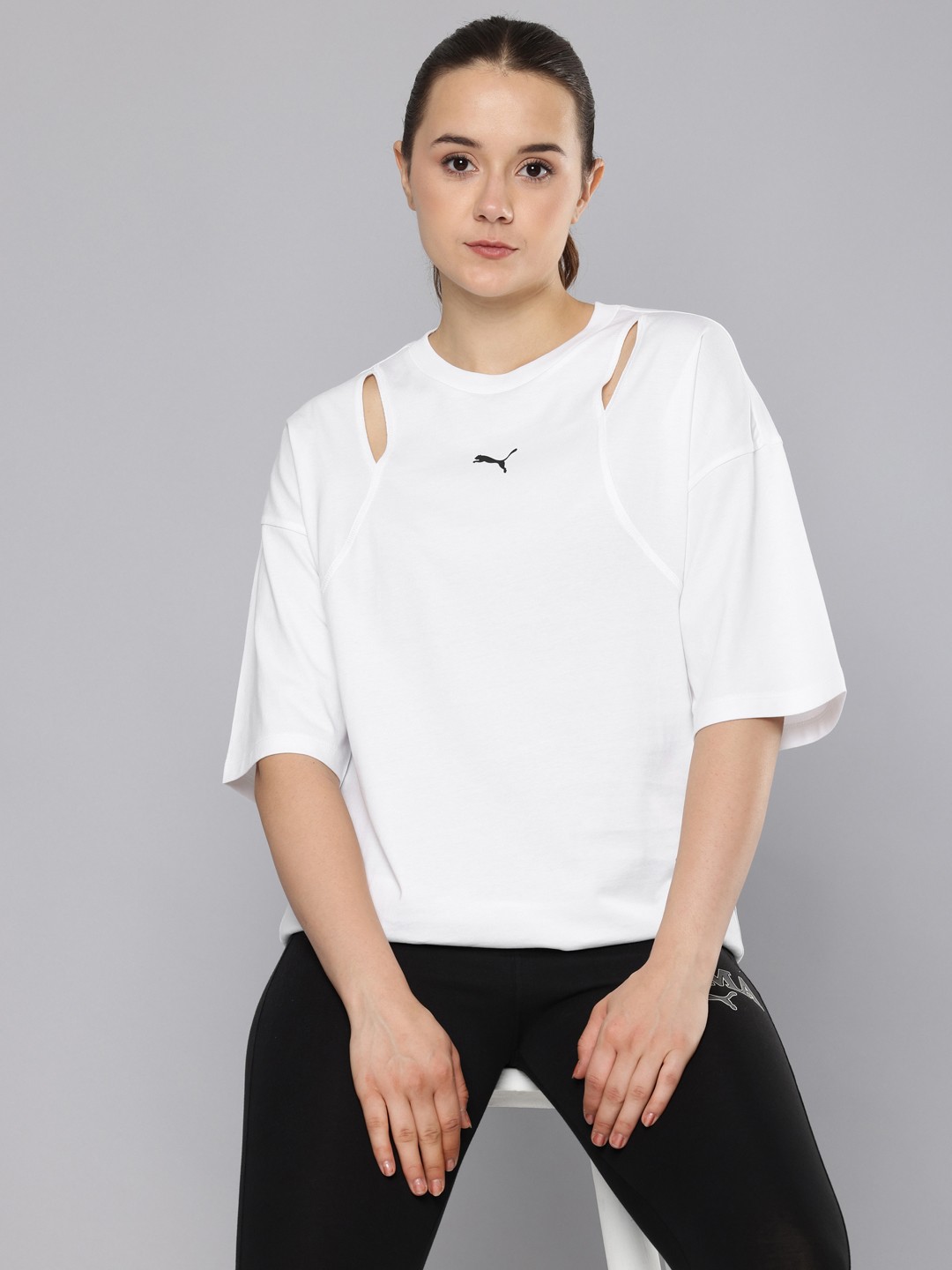 

Puma Dare To Drop-Shoulder Sleeves Cut Outs Pure Cotton Oversized T-shirt, White