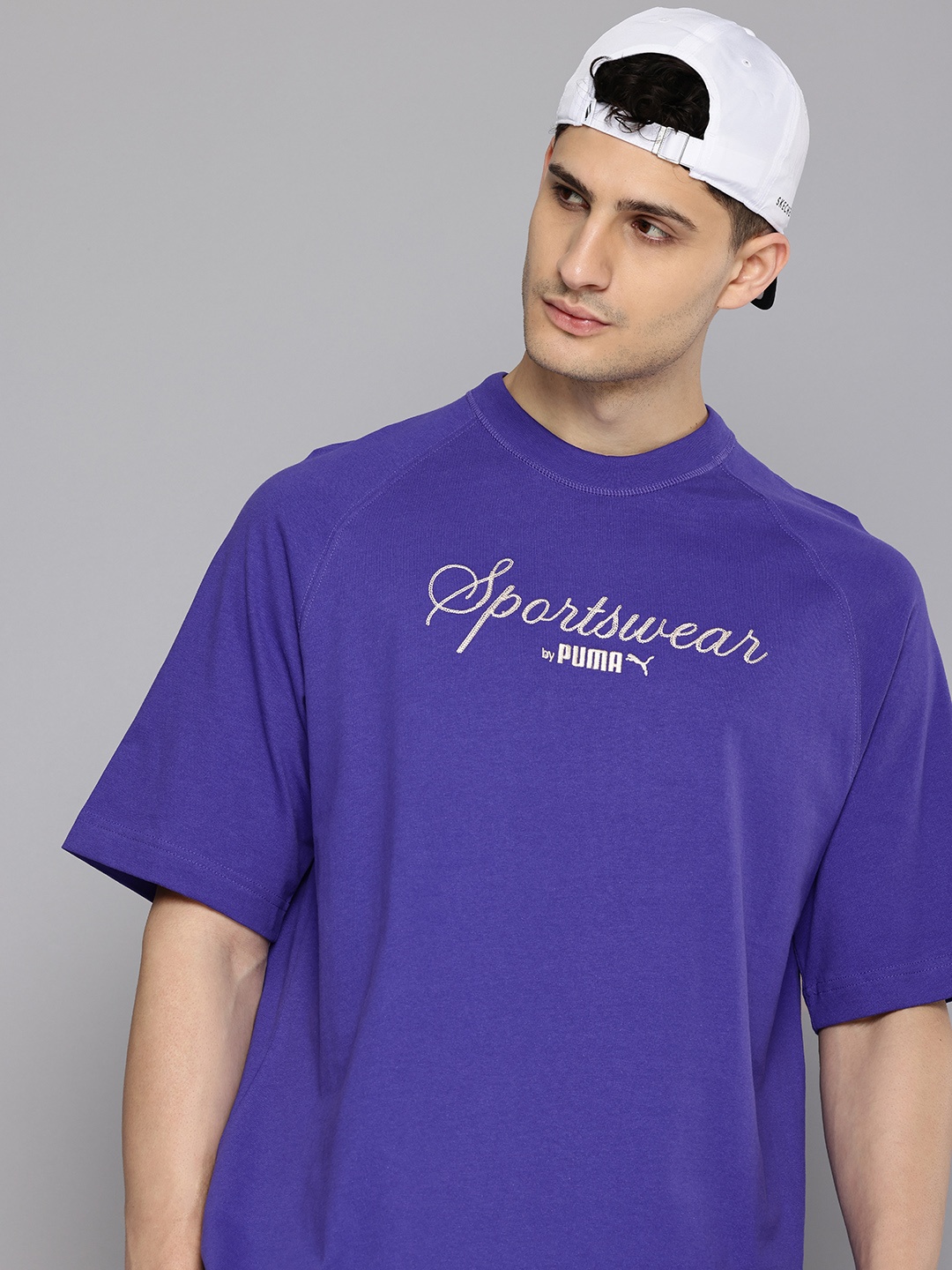 

Puma CLASSICS Typography Embroidered Oversized Pure Cotton T-shirt, Blue