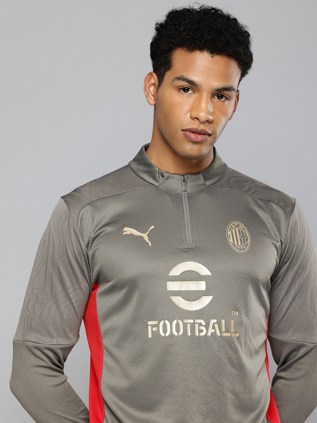 

Puma AC Milan Quarter-Zip Typography Printed DryCell Slim Fit Football T-shirt, Grey