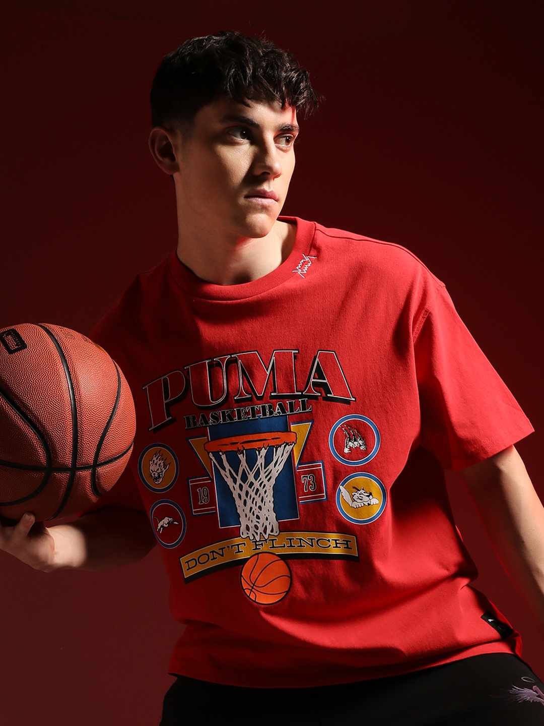 

Puma Crowd Craze Printed Drop-Shoulder Sleeves Pure Cotton Oversized Basketball T-shirt, Red