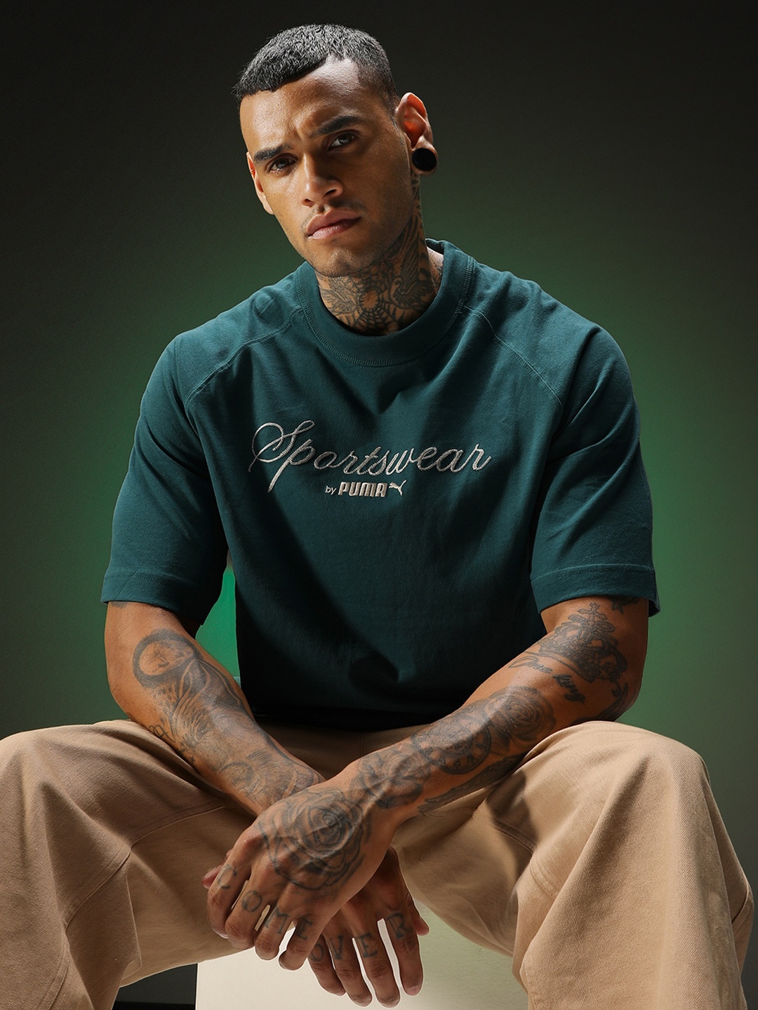 

Puma Classics Typography Printed Raglan Sleeves Pure Cotton Oversized T-shirt, Teal