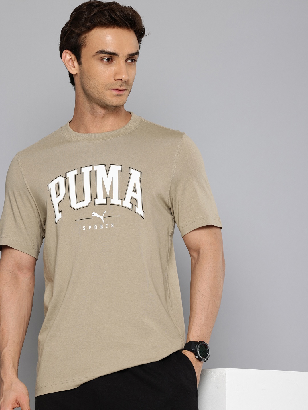 

Puma Squad Brand Logo Printed Pure Cotton T-shirt, Beige