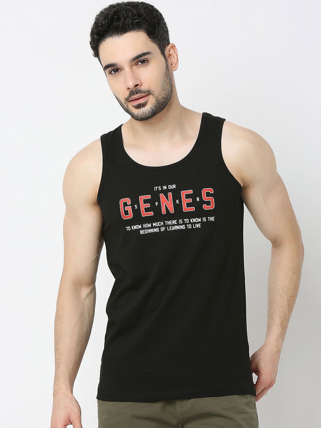 

UnderJeans by Spykar Printed Cotton Gym Vest UJLSTPM031BLACK, Black
